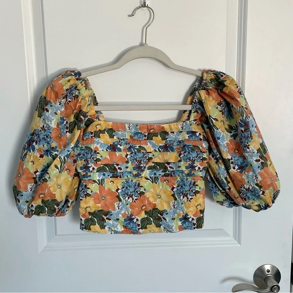 Abercrombie & Fitch Square Neck Ruched Puff Sleeve floral Top 35432